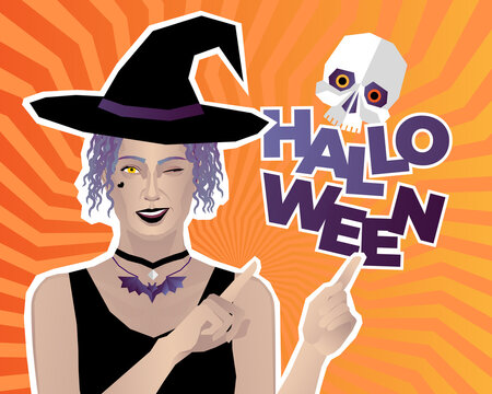 Halloween party invitation with a witch and skull. A young pretty witch in a magic hat smiles winks and points to the inscription. Vector design for poster or web banner.