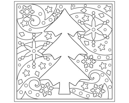 Christmas coloring page with tree, snowflakes and stars - vector zentangle for coloring. Outline. Linear drawing with Christmas tree copy space. Square christmas illustration