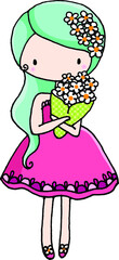 vector cartoon long hair girl hold flowers