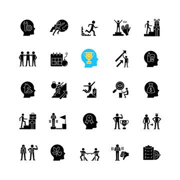 Motivation black glyph icons set on white space. Goal accomplishment. Intrinsic and extrinsic motivation. Force to achieve aim. Desire to win. Silhouette symbols. Vector isolated illustration