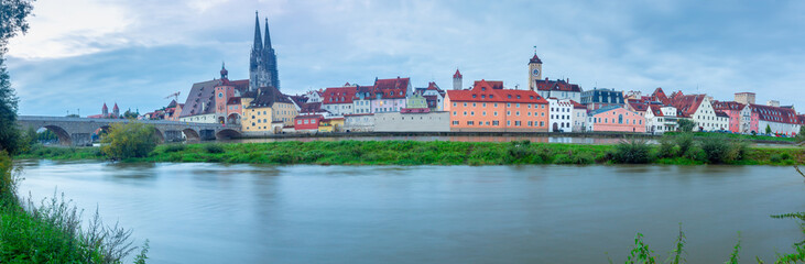 Regensburg. View of the old historical part of the city at dawn.