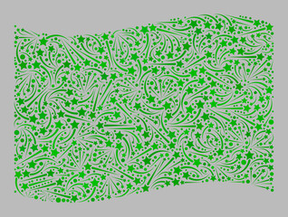 Mosaic waving green flag designed with petard star items. Vector fireworks mosaic waving green flag designed for event propaganda. Green flag collage is formed with randomized salute items.