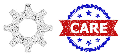 Care corroded badge, and cogwheel icon mesh structure. Red and blue bicolor stamp seal has Care text inside ribbon and rosette. Abstract flat mesh cogwheel, built from flat mesh.