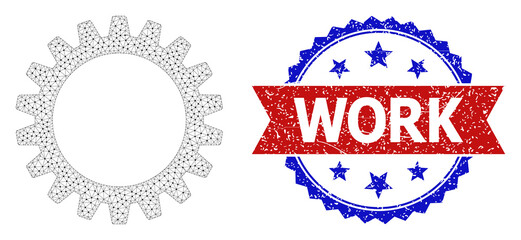 Work corroded seal print, and cogwheel icon network model. Red and blue bicolor seal has Work caption inside ribbon and rosette. Abstract flat mesh cogwheel, designed with flat mesh.