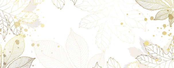 Selbstklebende Fototapeten Luxurious golden wallpaper. White background and beautiful autumn leaves. Golden chestnut and maple leaves with a shiny light texture. Modern art mural wallpaper. Vector illustration. © MARINA