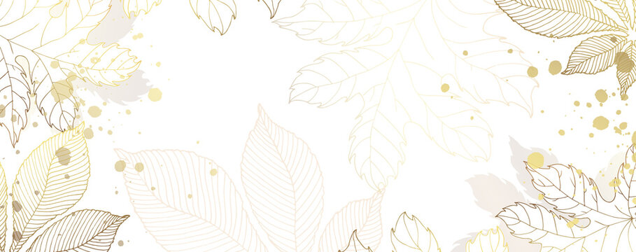 Luxurious golden wallpaper. White background and beautiful autumn leaves. Golden chestnut and maple leaves with a shiny light texture. Modern art mural wallpaper. Vector illustration.