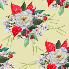 Watercolor bouquet flowers rose with red berry on a green background. Floral seamless pattern.