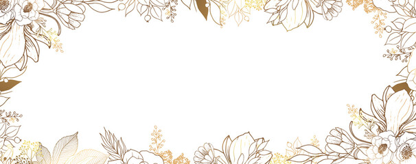 Luxurious golden wallpaper. White background and beautiful golden leaves and flowers of magnolia and chestnut with a shiny light texture. Modern art mural wallpaper. Vector illustration.