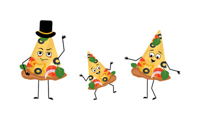 Family of cute pizza characters with joyful emotions, smile face, happy eyes, arms and legs. Mom is happy, dad is wearing a hat and the child dances. Funny pieces of food with vegetables and cheese