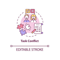 Task conflict concept icon. Coworkers disagree on group assignment. Team dispute. Conflict management abstract idea thin line illustration. Vector isolated outline color drawing. Editable stroke