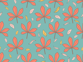 Chestnut leaves seamless pattern. Falling autumn leaves. Design for wrapping paper, print, fabric and printing. Vector illustration
