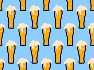 Beer seamless pattern. Glass of beer. Drink party. Design for the festival of alcoholic drinks, promotional materials and menus. Vector illustration