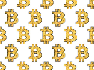 Bitcoin sign seamless pattern in pixel art style. 8-bit Bitcoin sign from pixels in 2d isolated on white background. Cryptocurrency, blockchain. Vector illustration