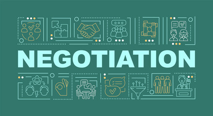 Negotiation word green concepts banner. Conflict management strategy. Infographics with linear icons on turquoise background. Isolated creative typography. Vector outline color illustration with text