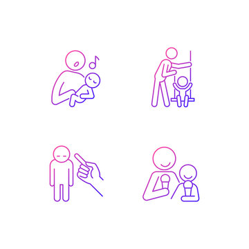 Child care gradient linear vector icons set. Singing to baby. Playing on swings. Punishment gesture. Emotional bond. Thin line contour symbols bundle. Isolated outline illustrations collection