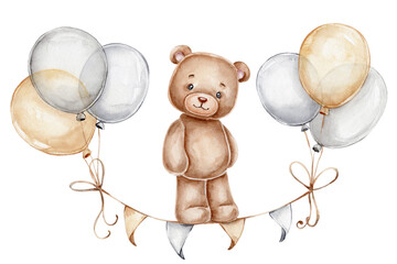 Fototapeta Teddy bear, balloons and flags; watercolor hand drawn illustration; with white isolated background obraz