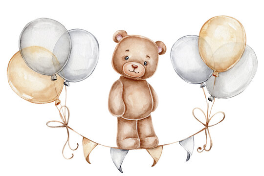 Naklejki Teddy bear, balloons and flags  watercolor hand drawn illustration  with white isolated background