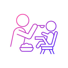 Feeding in highchair gradient linear vector icon. Helping baby eating. Bonding with child during mealtime. Thin line color symbol. Modern style pictogram. Vector isolated outline drawing