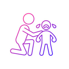 Comforting crying child gradient linear vector icon. Cuddling and softly talking to kid. Showing empathy. Thin line color symbol. Modern style pictogram. Vector isolated outline drawing