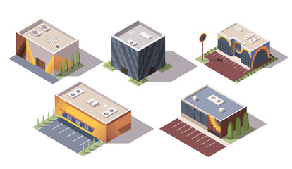 Set of isometric supermarkets or grocery stores building. Vector isometric icons or infographic elements representing mall buildings. 3D shop markets for city infrastructure