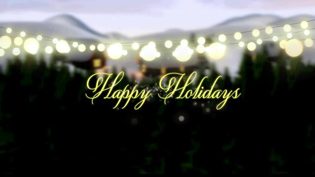 Animation of christmas seasons greetings and glowing fairy lights over winter landscape
