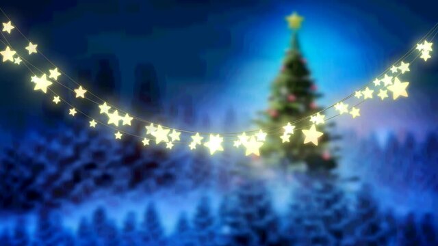 Animation of glowing fairy lights over christmas tree and winter landscape