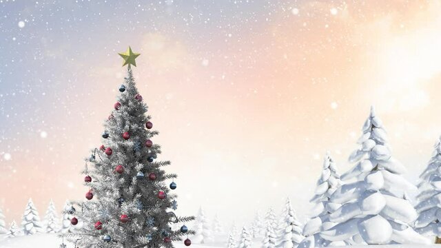 Animation of christmas tree over winter scenery