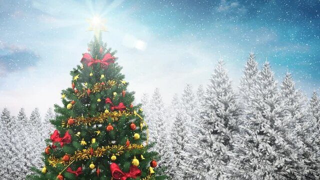 Animation of christmas tree over winter scenery