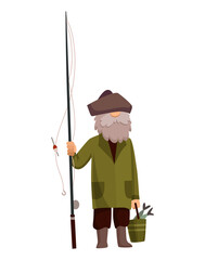 Fisherman fishing with fishing rod. Fishing people with fish and equipment. Vacation concept flat vector icon. Leisure and hobby catching fish