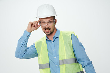 man reflective vest blueprints builder isolated background