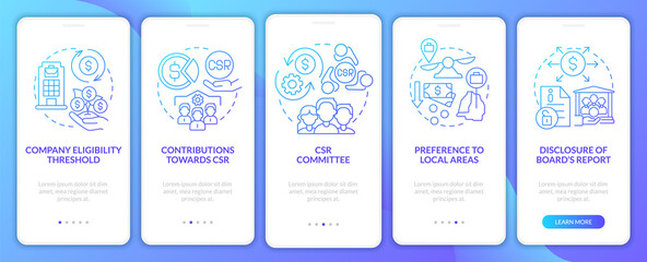 Fototapeta premium CSR basics blue gradient onboarding mobile app page screen. Company responsibility walkthrough 5 steps graphic instructions with concepts. UI, UX, GUI vector template with linear color illustrations