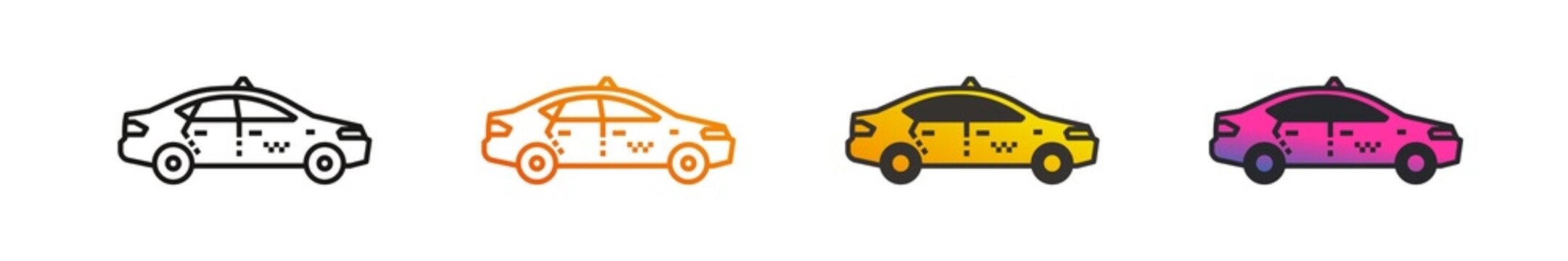 Set of awesome taxi car vector outline, gradient style and black filled icons isolated on transparent background. You should take a ride