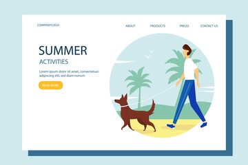 Man walking with the dog on the beach. The concept of an active lifestyle, outdoor recreation. Cute summer illustration in flat style. 