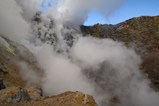 Landscape. the fumarole valley of the Mutnovsky volcano, in which you can see columns of steam of boiling water and sulfur. then the ascent takes place on the glacier . Kamchatka Peninsula