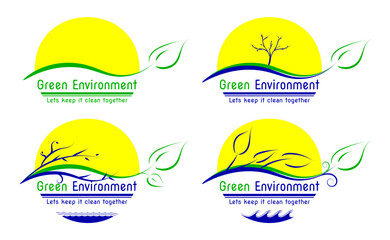 4 Variations set of Green Environment concept, only 3 colors used, including sun, tree, branch, twig, leaf, sea & ornaments.