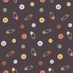 Seamless cute vector pattern with sewing buttons and pins in trendy colors