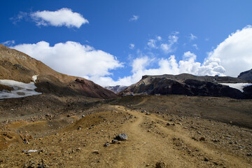 The path along which the ascent to the active Mutnovsky volcano begins. Kamchatka Peninsula