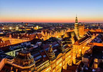 Sightseeing of Poland. Cityscape of Wroclaw, beautiful aerial night view. 