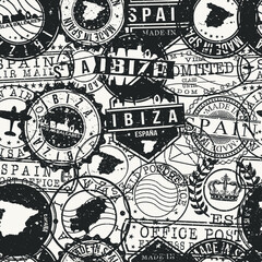 Ibiza, Balearic Islands, Spain Stamps Background. A City Stamp Vector Art. Set of Postal Passport Travel. Design Set Pattern.