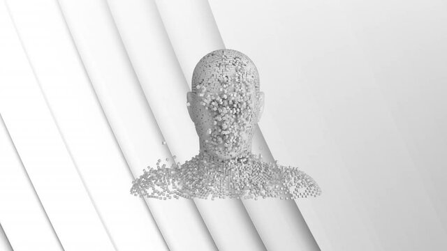 Animation of human head formed with exploding particles on 3d white background