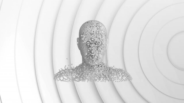 Animation of human head formed with exploding particles on 3d white background
