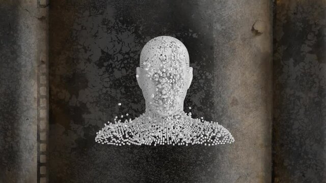 Animation of human head formed with exploding particles over dark background