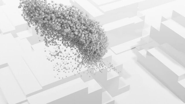 Animation of human head formed with exploding particles on 3d white background