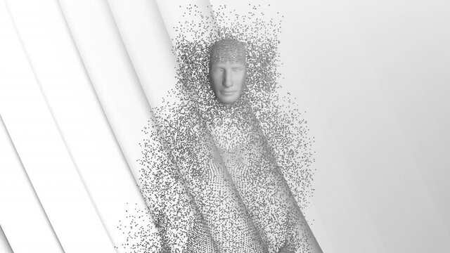 Animation of human body formed with exploding particles on 3d white background