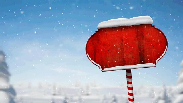 Animation of snow falling and north pole sign with copy space over winter scenery