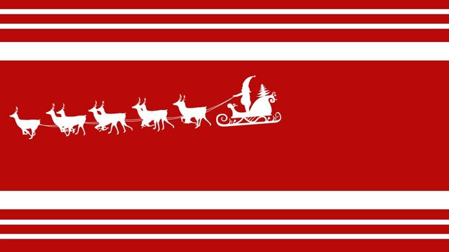 Animation santa claus in sleigh with reindeer moving on red striped christmas background