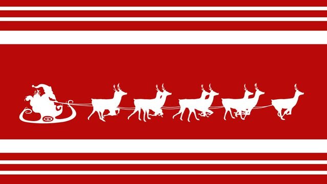 Animation santa claus in sleigh with reindeer moving on red striped christmas background
