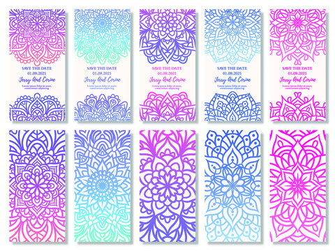 Set of vintage wedding invitation card with mandala gradient design