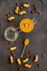 Homemade creamy peanut butter with nuts, top view