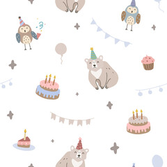 Cute pastel animal birthday pattern. Seamless texture for textile, fabric, apparel, wrapping, paper, stationery.